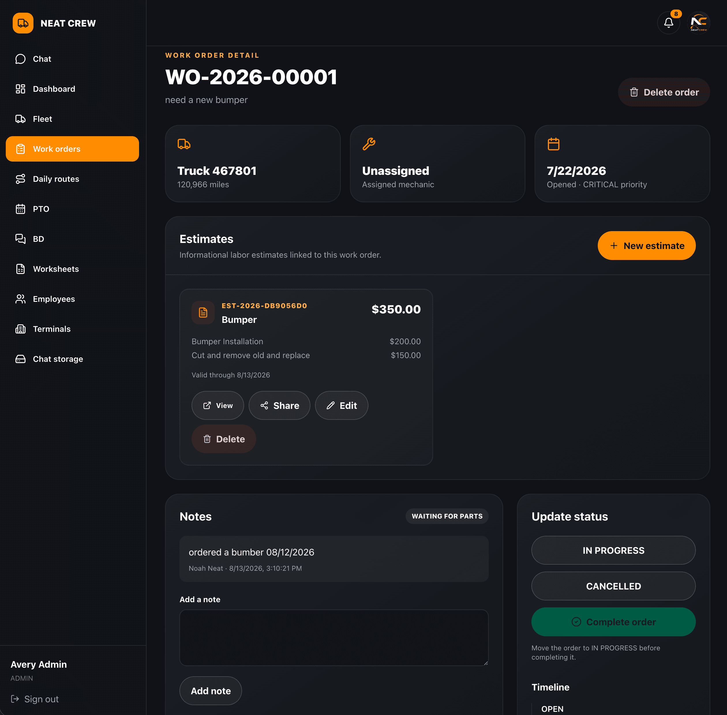 NeatCrew work order details